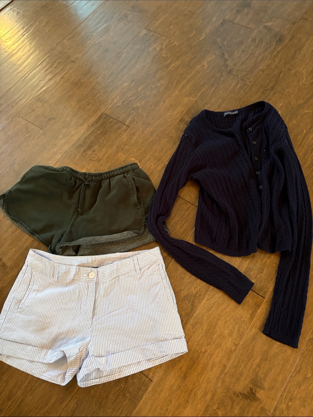 Brandy Melville olive green drawstring athletic shorts, strip shorts & cardigan